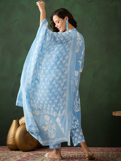 Dhiyona SN Women's Blue Floral Printed Mandarin Collar Pure Cotton Kurta With Trouser & Dupatta