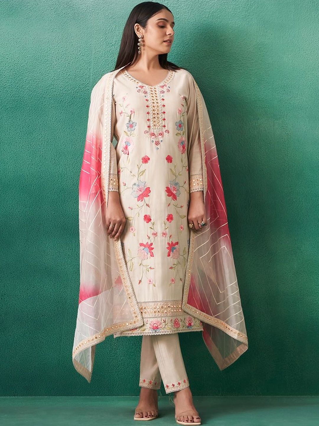 Women Floral Embroidered Regular Mirror Work Kurta with Trousers & With Dupatta