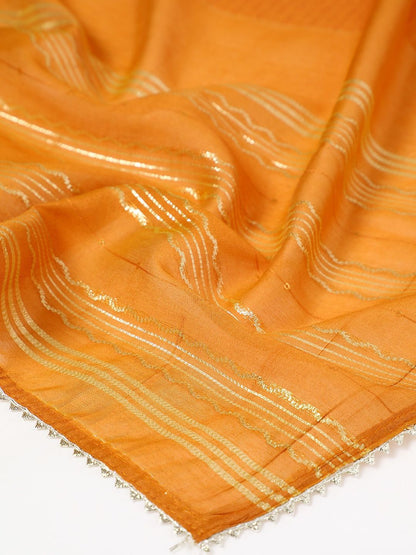 Dhiyona SO Women's Orange Floral Printed Round Neck Regular Sequinned Tissue Kurta & Trouser & Dupatta