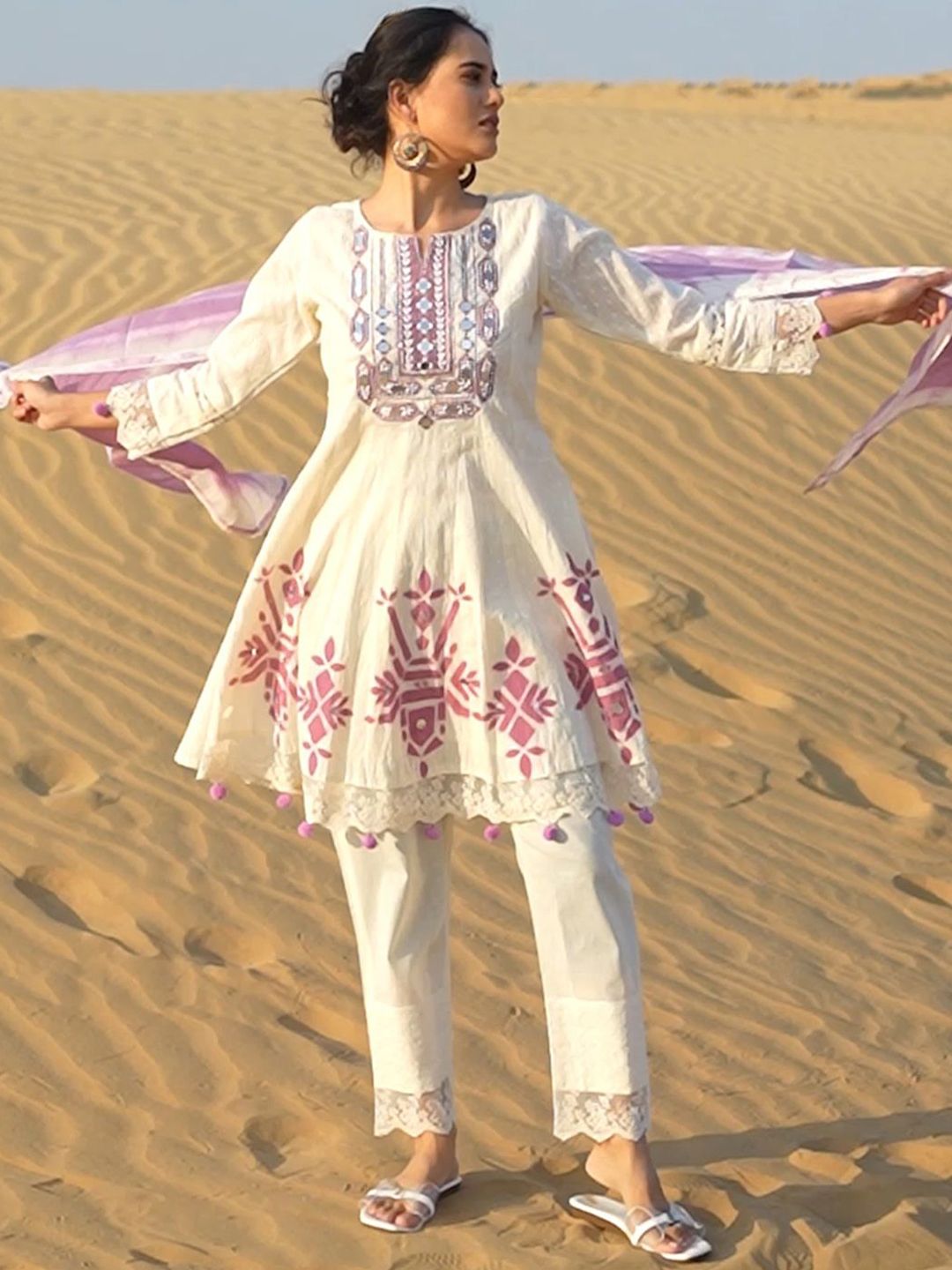 Geometric Printed Mirror Work A-Line Pure Cotton Kurta With Trousers & Dupatta