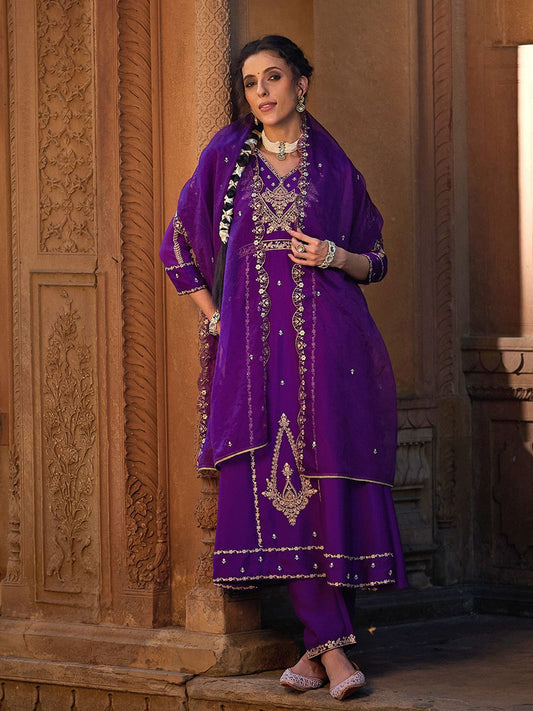 Dhiyona CH Women Floral Embroidered A-Line Kurta with Trousers & Dupatta