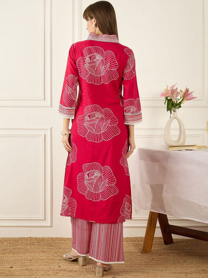 Dhiyona IE Printed V-Neck Three-Quarter Sleeves Pure Cotton Tunic And Trousers