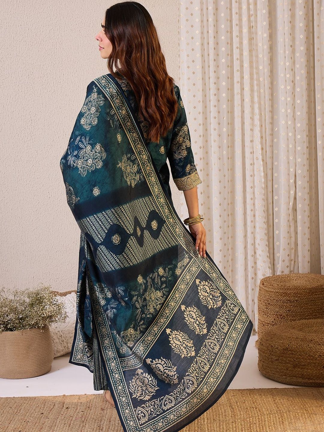 Floral Printed Straight Chanderi Silk Kurta With Trousers & Dupatta