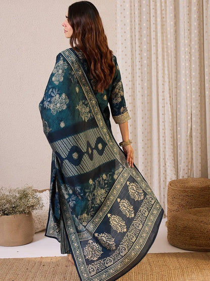 Floral Printed Straight Chanderi Silk Kurta With Trousers & Dupatta