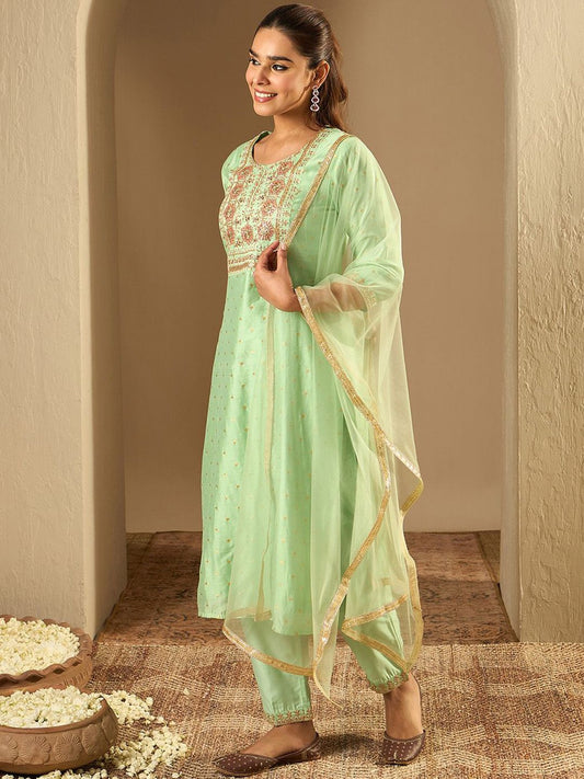 Dhiyona IE Floral Embroidered Chanderi Silk Straight Kurta With Trousers & Dupatta