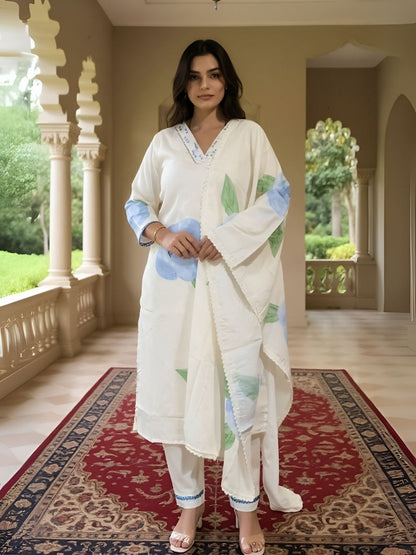Dhiyona IE Women's Women Floral Printed Linen Kurta with Trousers & Dupatta