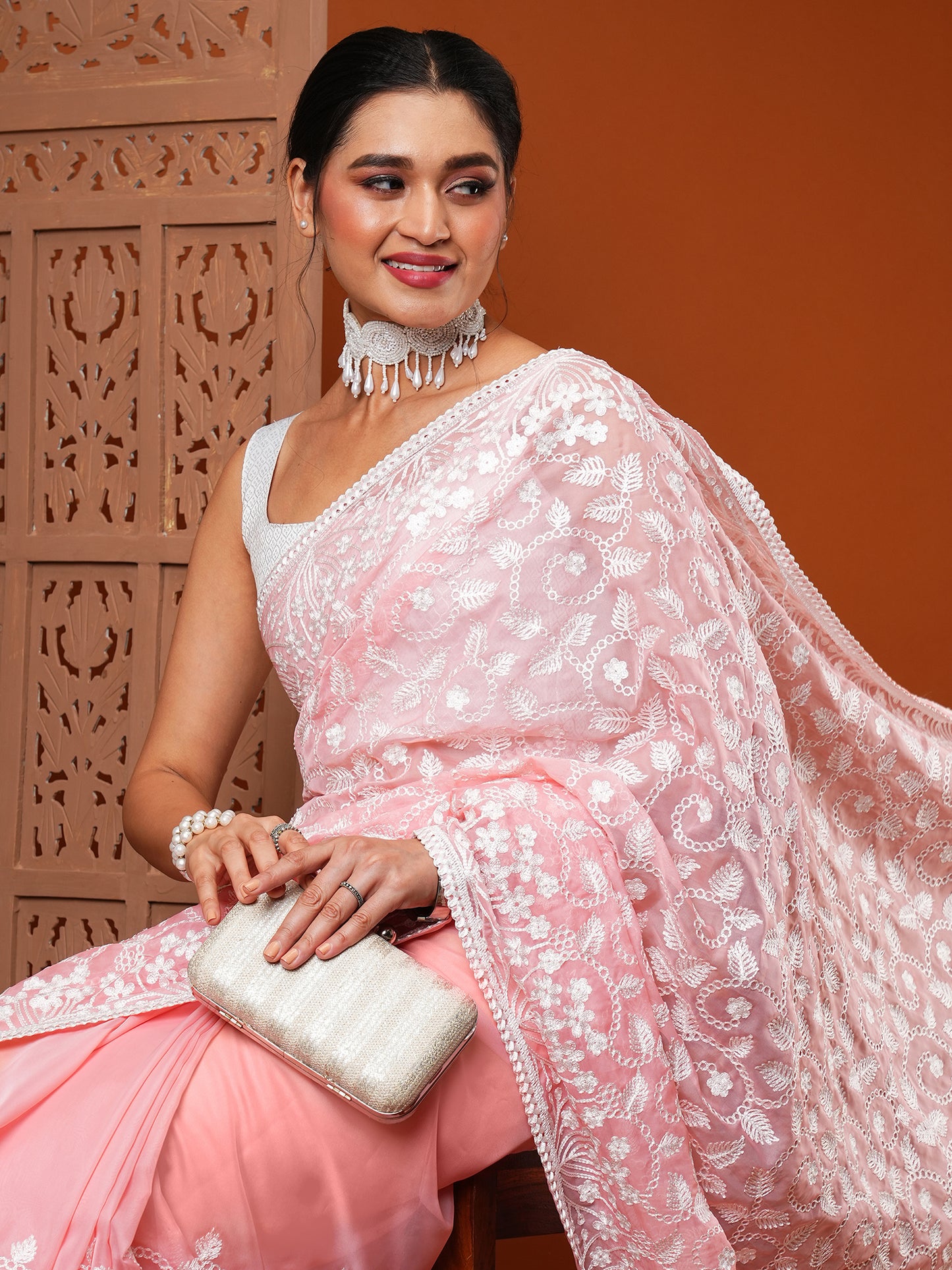 Women's Organza Pink Embroidered Designer Saree With Blouse Piece