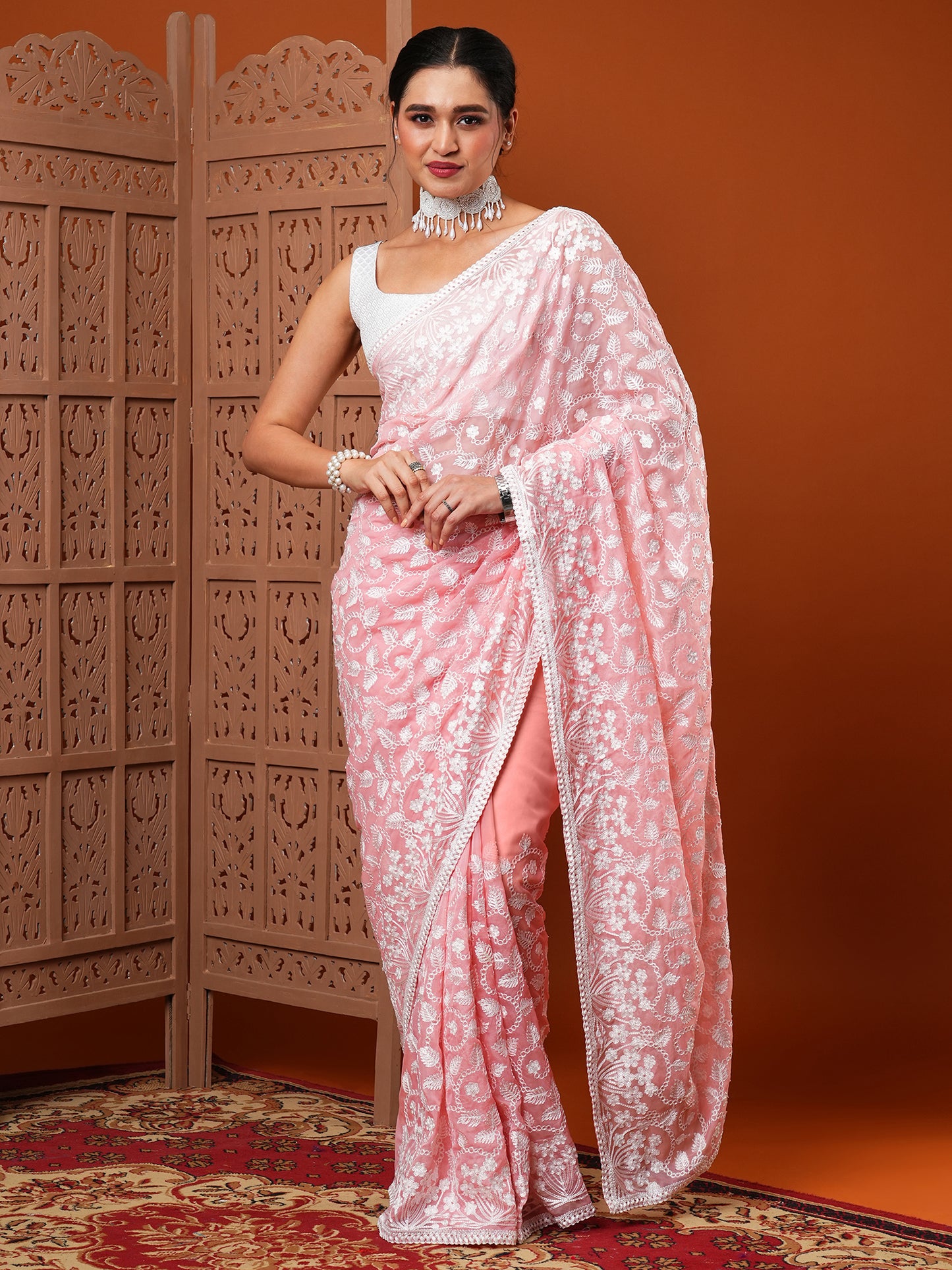Women's Organza Pink Embroidered Designer Saree With Blouse Piece