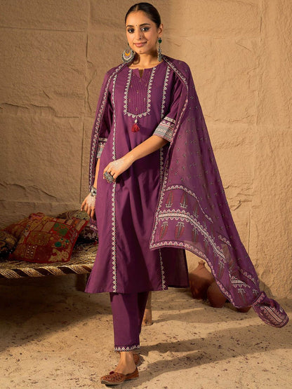 Thread Work Pure Cotton Straight Kurta With Trousers & Dupatta