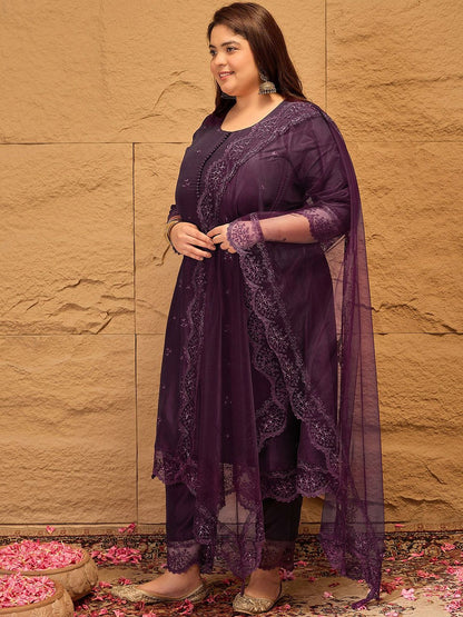 Dhiyona IN Floral Embroidered A-Line Kurta with Trousers & Dupatta