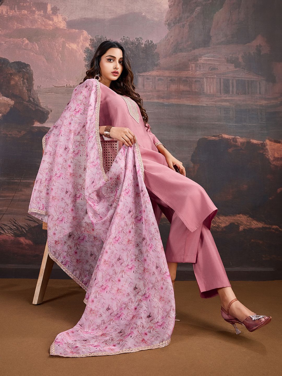 Dhiyona PD Women Floral Embroidered Sequinned Straight Kurta With Trouser & Dupatta