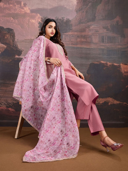 Dhiyona PD Women Floral Embroidered Sequinned Straight Kurta With Trouser & Dupatta