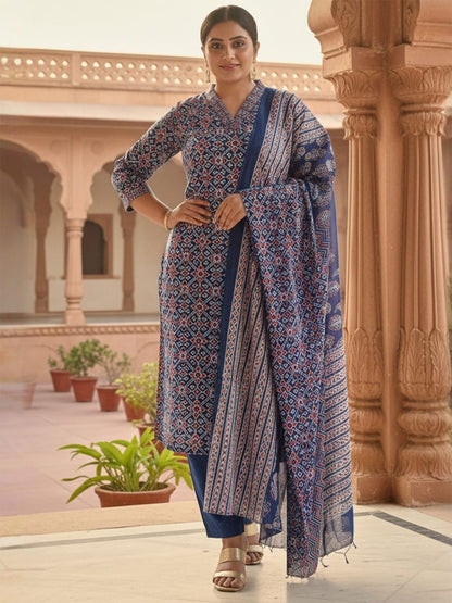 Women Ethnic Motifs Printed Pure Cotton Straight Kurta with Trousers & Dupatta