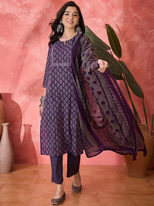 Dhiyona SN Women's Floral Printed Pure Cotton Straight Kurta With Trousers & Dupatta