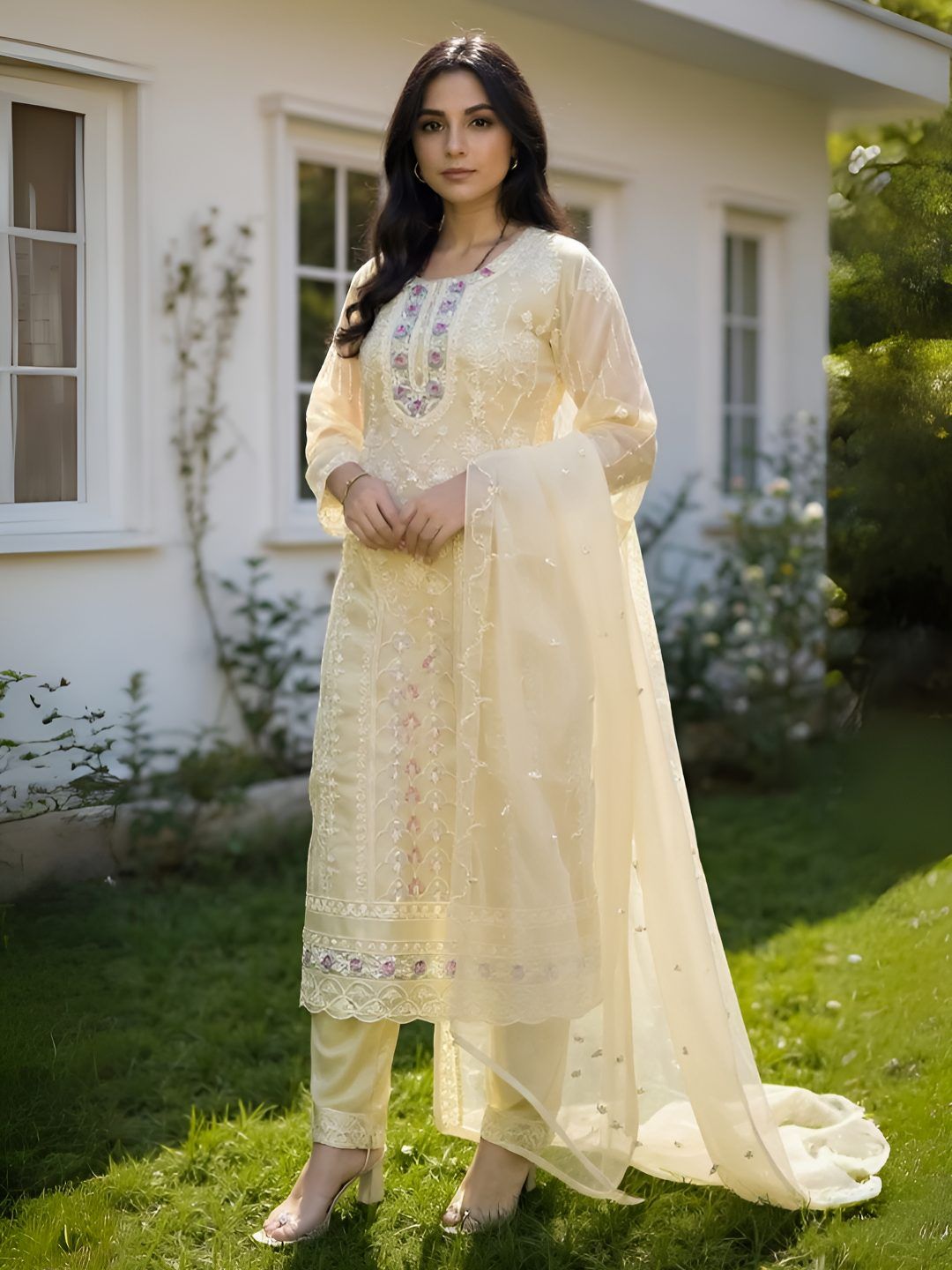 Dhiyona IE Women's Floral Embroidered Thread Work Organza Kurta With Trousers & Dupatta