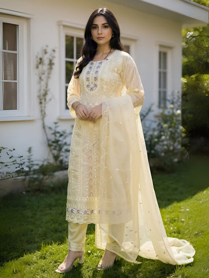 Dhiyona IE Women's Floral Embroidered Thread Work Organza Kurta With Trousers & Dupatta