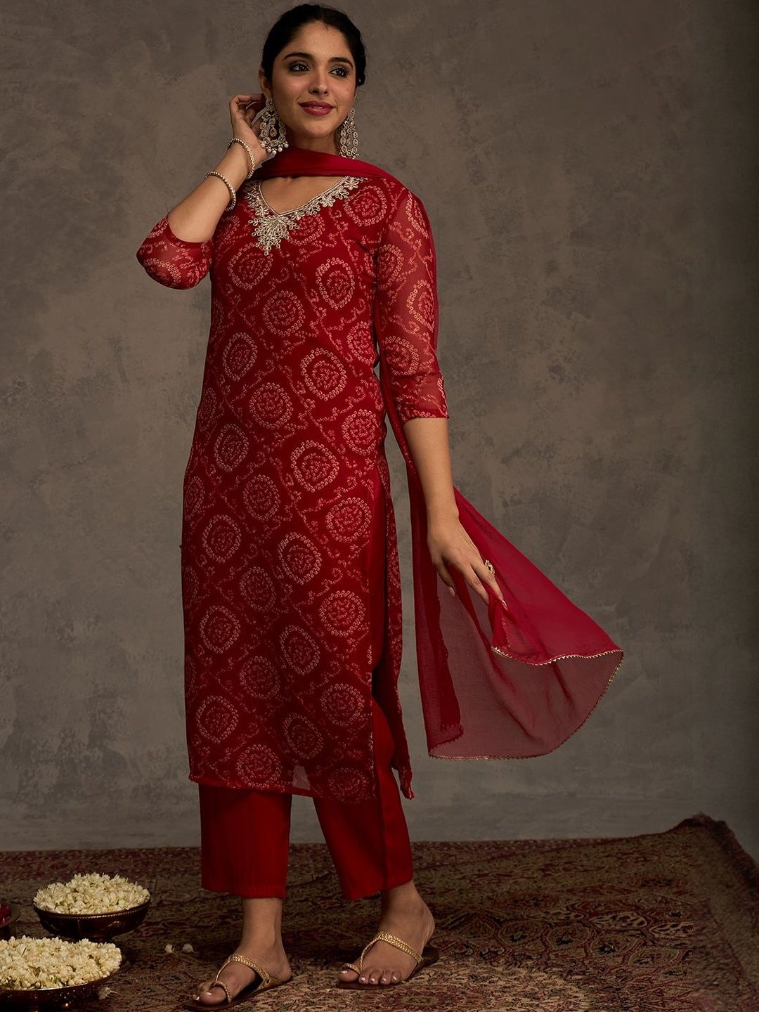 Bandhani Printed Straight Sequinned Work Kurta With Trousers & Dupatta