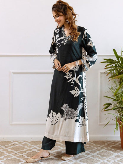 Dhiyona IS Women's Floral Printed V-Neck Flared Sleeves Straight Kurta With Palazzos