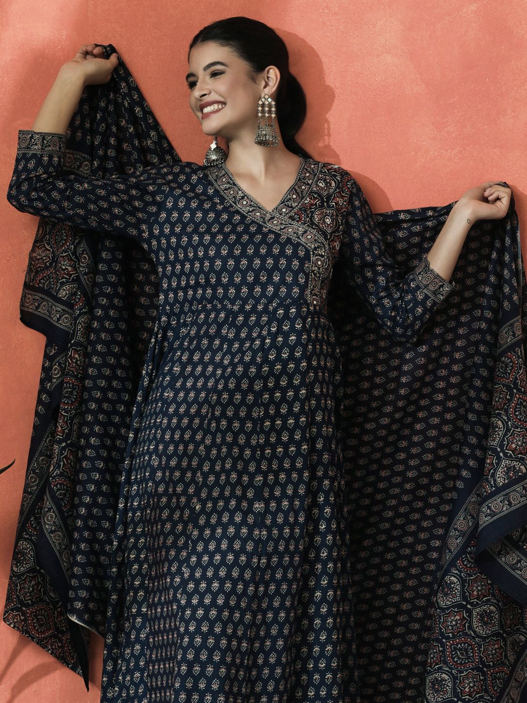 Dhiyona SN Women's Floral Printed Pure Cotton V-Neck Angrakha Kurta With Trousers And Dupatta