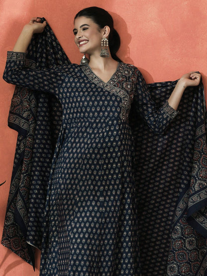 Dhiyona SN Women's Floral Printed Pure Cotton V-Neck Angrakha Kurta With Trousers And Dupatta