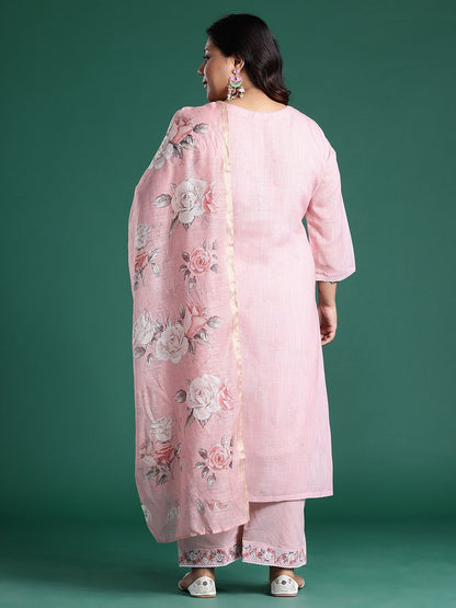 Pink Embroidered Straight Kurta With Trousers & Dupatta