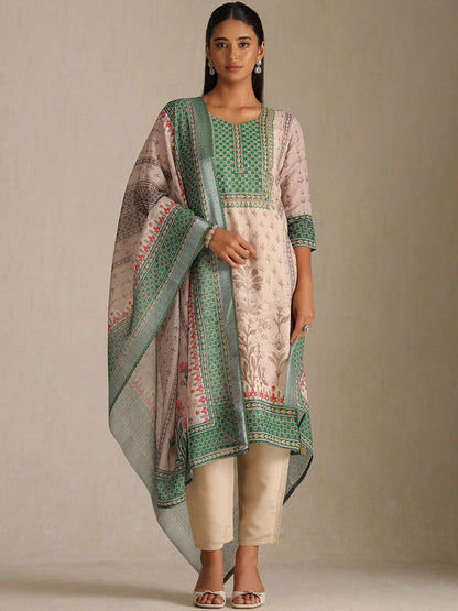 Dhiyona SO Women's Floral Printed Round Neck Sequinned Linen Straight Kurta With Trousers & Dupatta