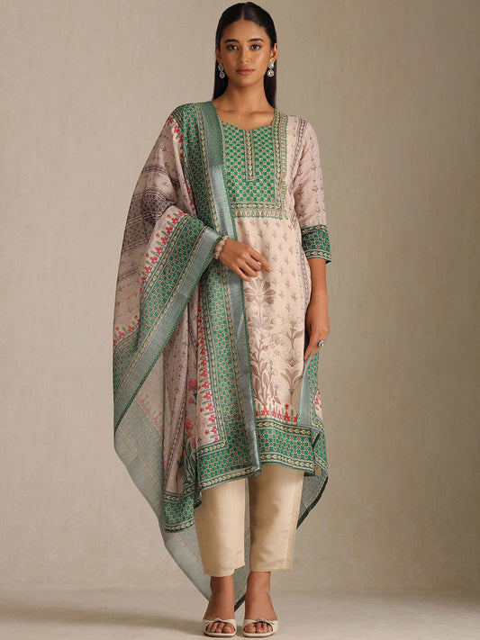 Dhiyona SO Women's Floral Printed Round Neck Sequinned Linen Straight Kurta With Trousers & Dupatta