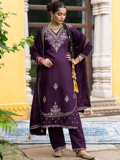 Dhiyona CH Women Ethnic Motifs Embroidered Thread Work Straight Kurta with Trousers & Dupatta