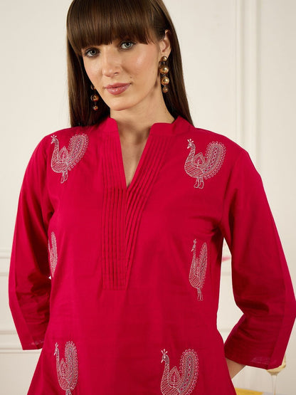 Dhiyona IE Embroidered Mandarin Collar Three-Quarter Sleeves Pure Cotton Tunic And Trousers