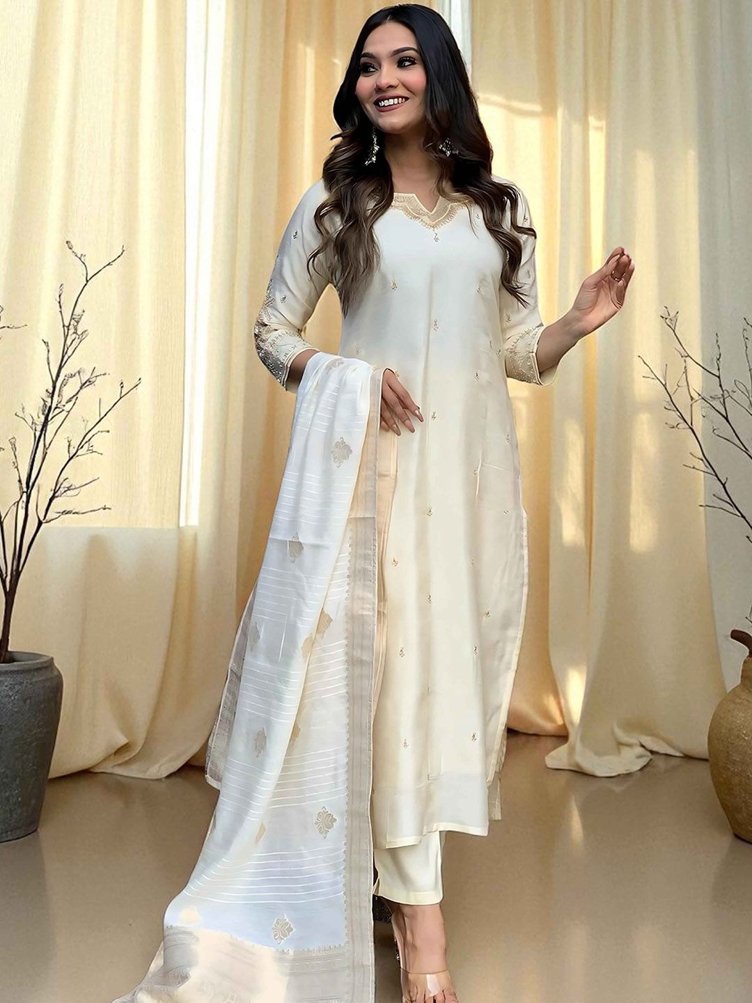 Dhiyona SN Women's Floral Embroidered Cotton Kurta with Pyjamas & Dupatta