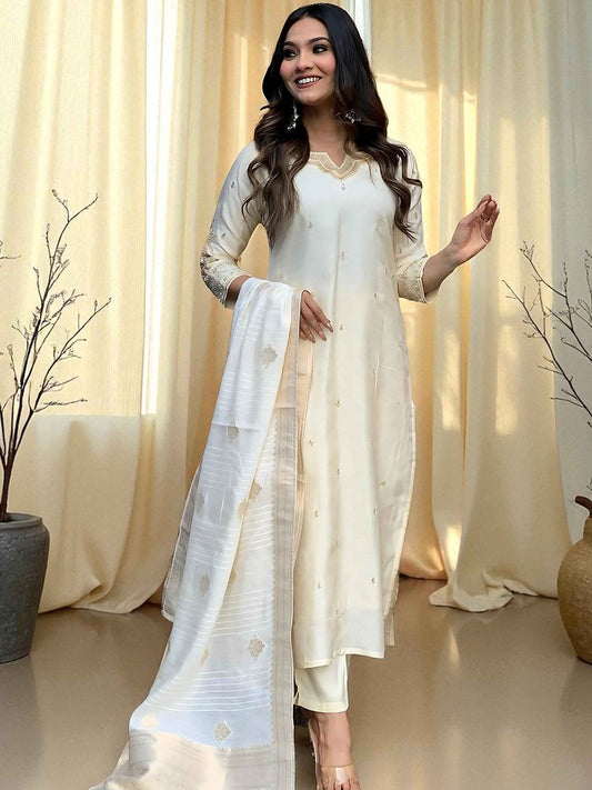 Dhiyona SN Women's Floral Embroidered Cotton Kurta with Pyjamas & Dupatta