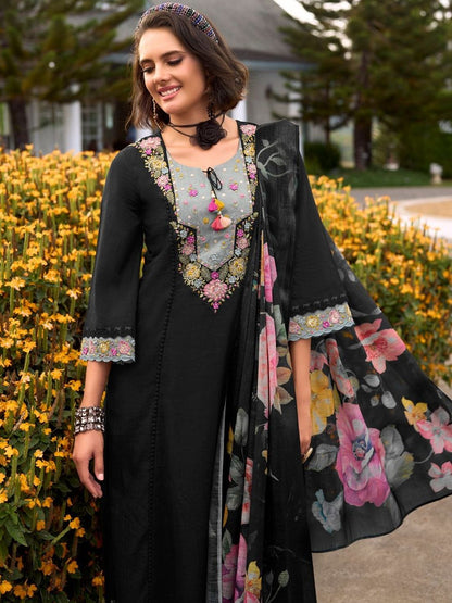 Women Floral Embroidered Regular Thread Work Pure Cotton Kurta with Trousers & With Dupatta