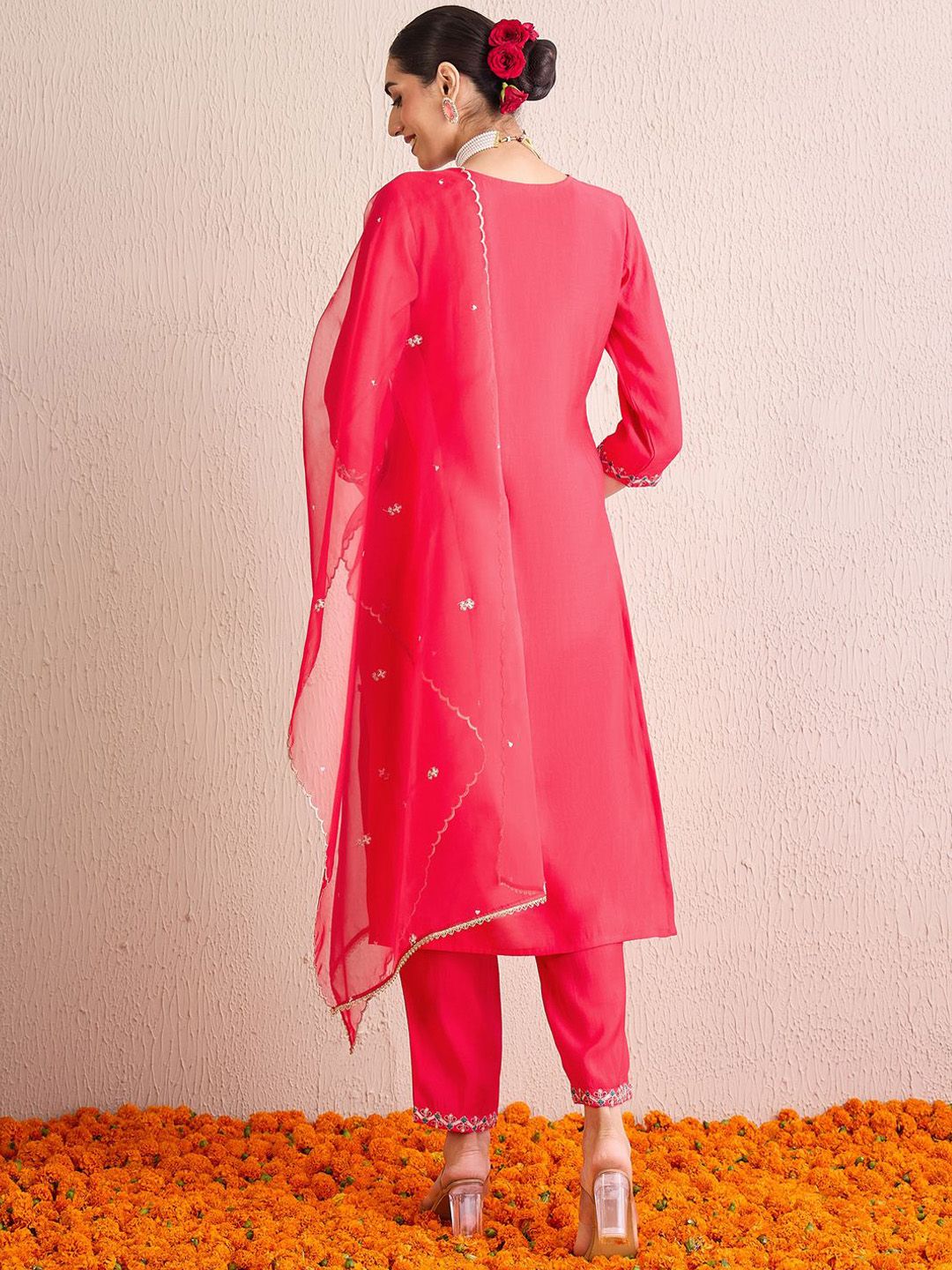 Women Embroidered Regular Sequinned Kurta with Trousers & With Dupatta