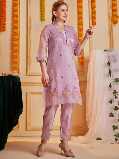 Dhiyona SN Women's Floral Embroidered Notch Neck Thread Work Straight Kurta With Trouser & Dupatta