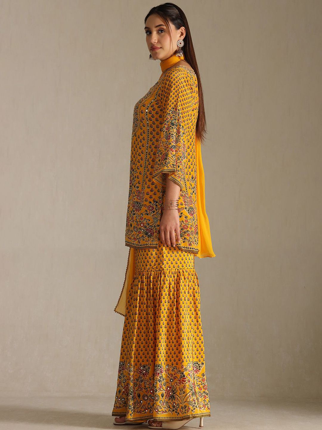 Dhiyona SO Women's Floral Printed Mirror Work Straight Kurta With Sharara And Dupatta