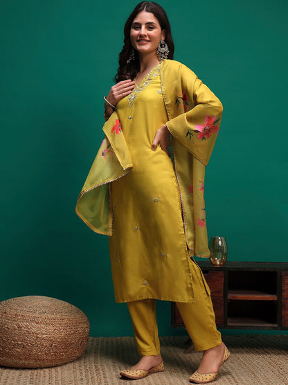 Dhiyona SN Women's Embroidered Straight Kurta With Trouser & Dupatta
