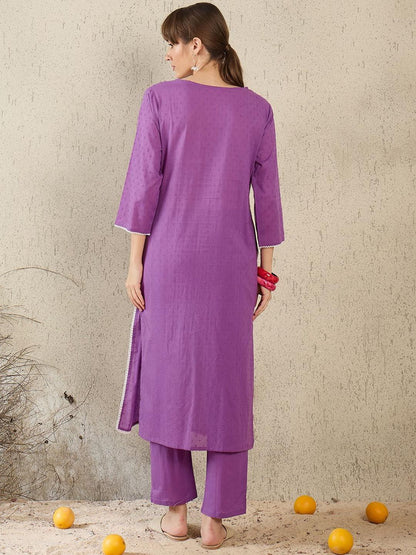 Floral Embroidered V-Neck Straight Thread Work Pure Cotton Kurta With Trouser