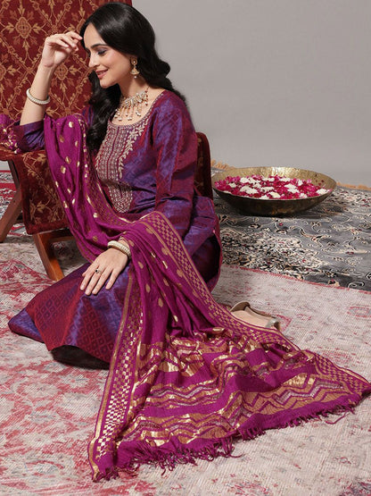Dhiyona VA Women'sGeometric Woven Design Regular Zari Kurta with Trousers & Dupatta