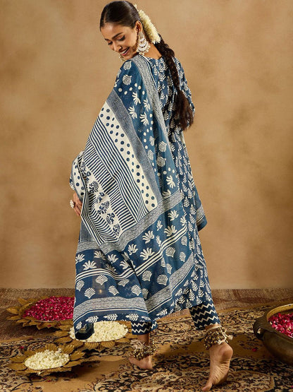 Dhiyona IE Ethnic Motifs Printed Thread Work Pure Cotton Kurta with Trousers & Dupatta