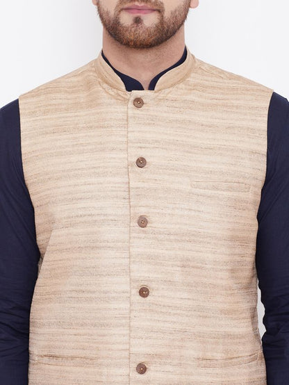 Men's Navy Blue Cotton Blend Straight Jacket  Kurta and Pyjama Set