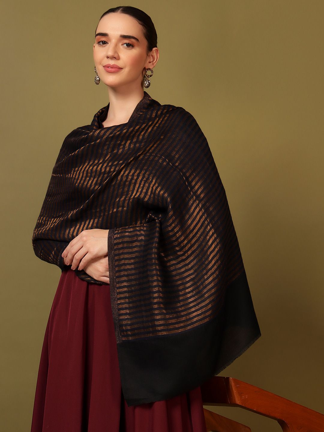Dhiyona PA Striped Woven Design Woollen Reversible Shawl