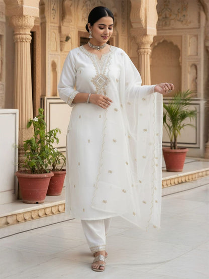 Floral Embroidered Notch Neck Sequinned Straight Kurta With Trousers & Dupatta