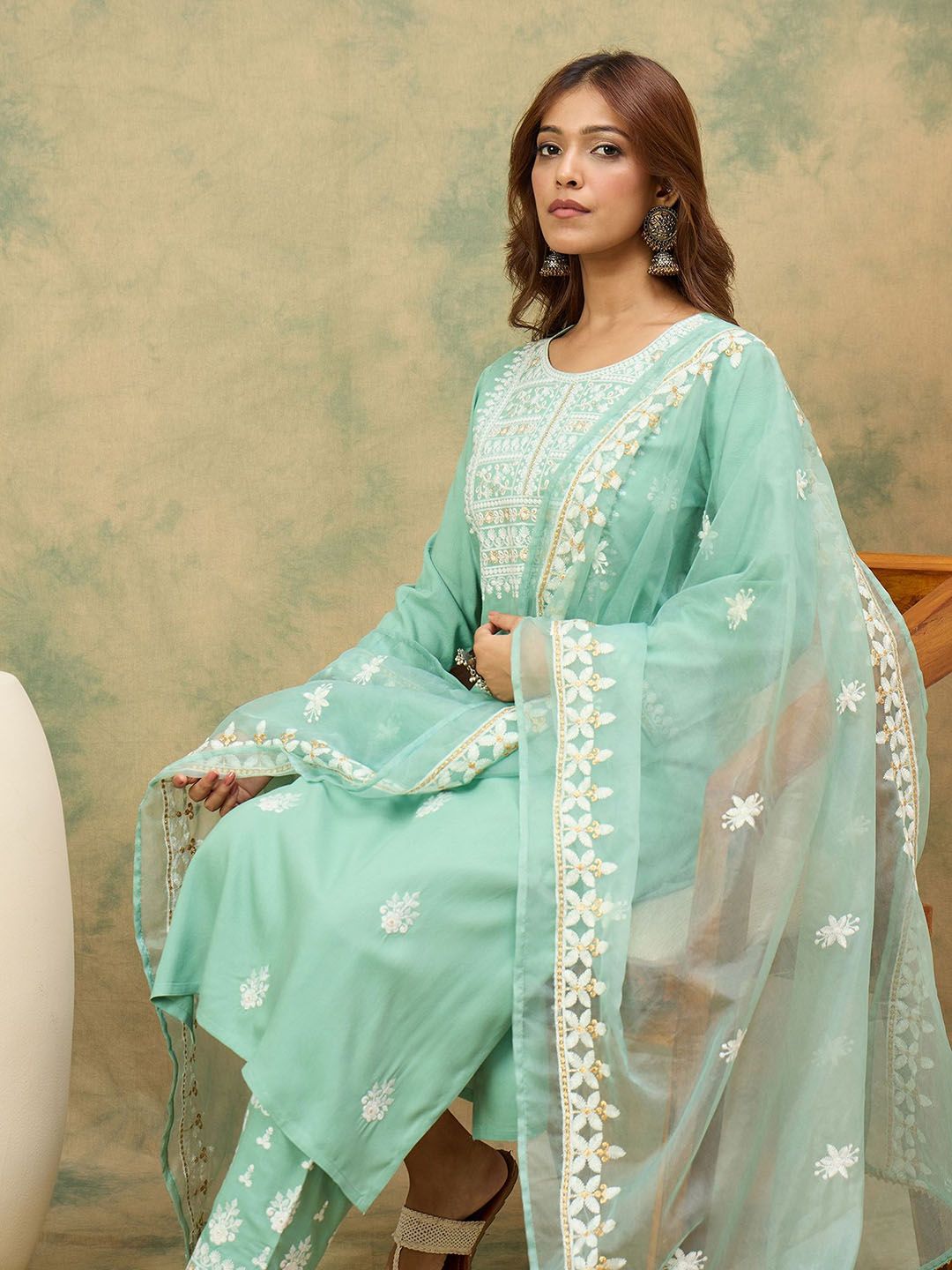 Dhiyona VA Women's Ethnic Motifs Embroidered Round Neck Straight Kurta with Trousers & Dupatta