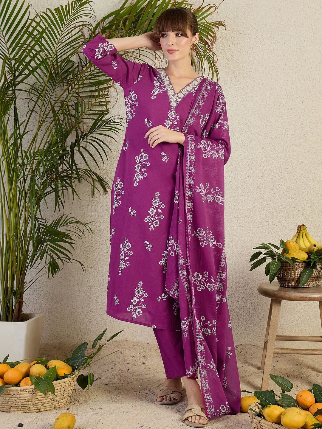 Women Floral Embroidered Regular Thread Work Pure Cotton Kurta with Trousers & With Dupatta