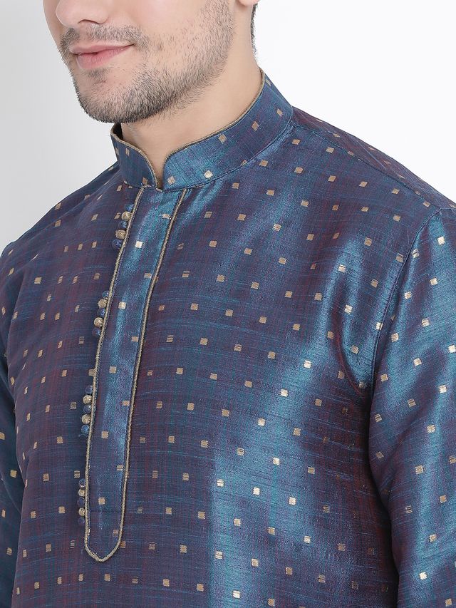 Men's Blue Silk Blend Straight Kurta Pyjama Set