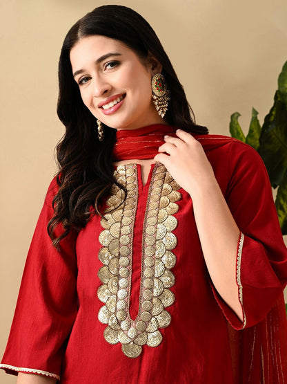 Dhiyona SN Women's Embroidered Keyhole Neck Bell Sleeves Kurta & Palazzos Set with dupatta
