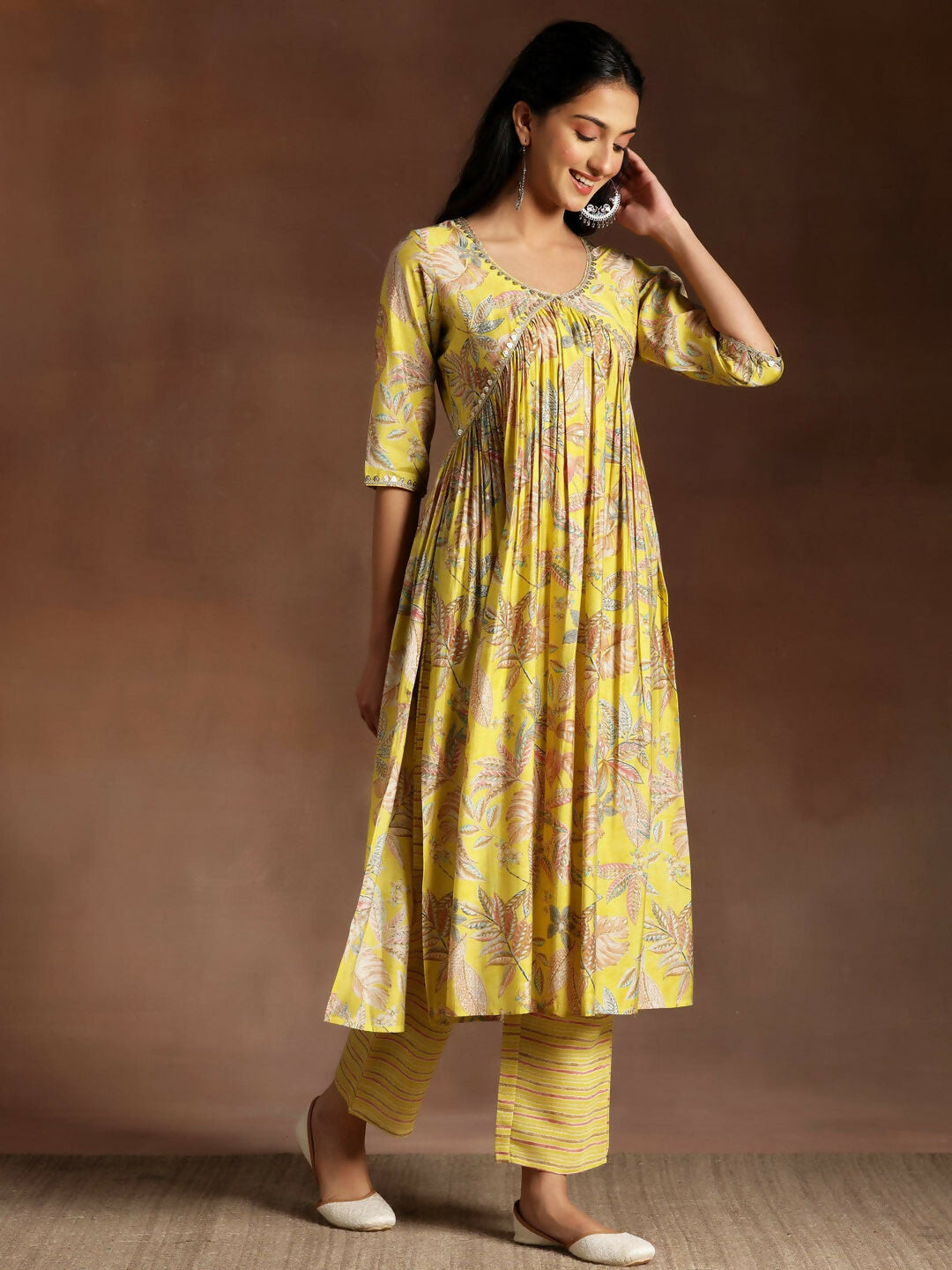 Women's LB Aashna Mustard Printed Silk Blend A-Line Kurta With Palazzos & Dupatta