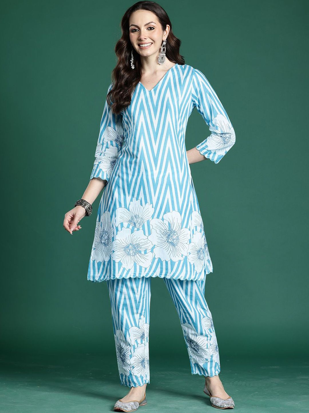 Dhiyona IE Printed Pure Cotton V Neck Top With Trousers Co-Ords