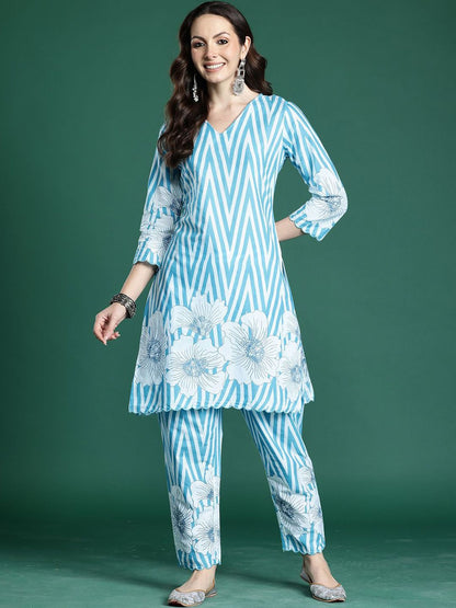 Dhiyona IE Printed Pure Cotton V Neck Top With Trousers Co-Ords
