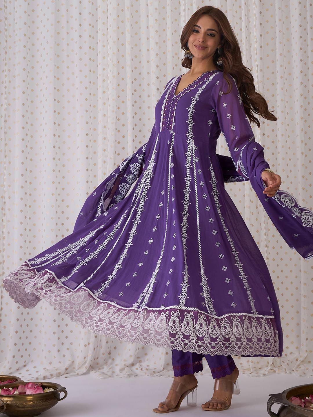 Ethnic Motifs Embroidered Pure Cotton A-Line Kurta Trousers & Dupatta